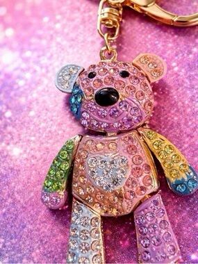 Multicolor Crystal Teddy Bear Bag Charm Keychain - Gold Hardware